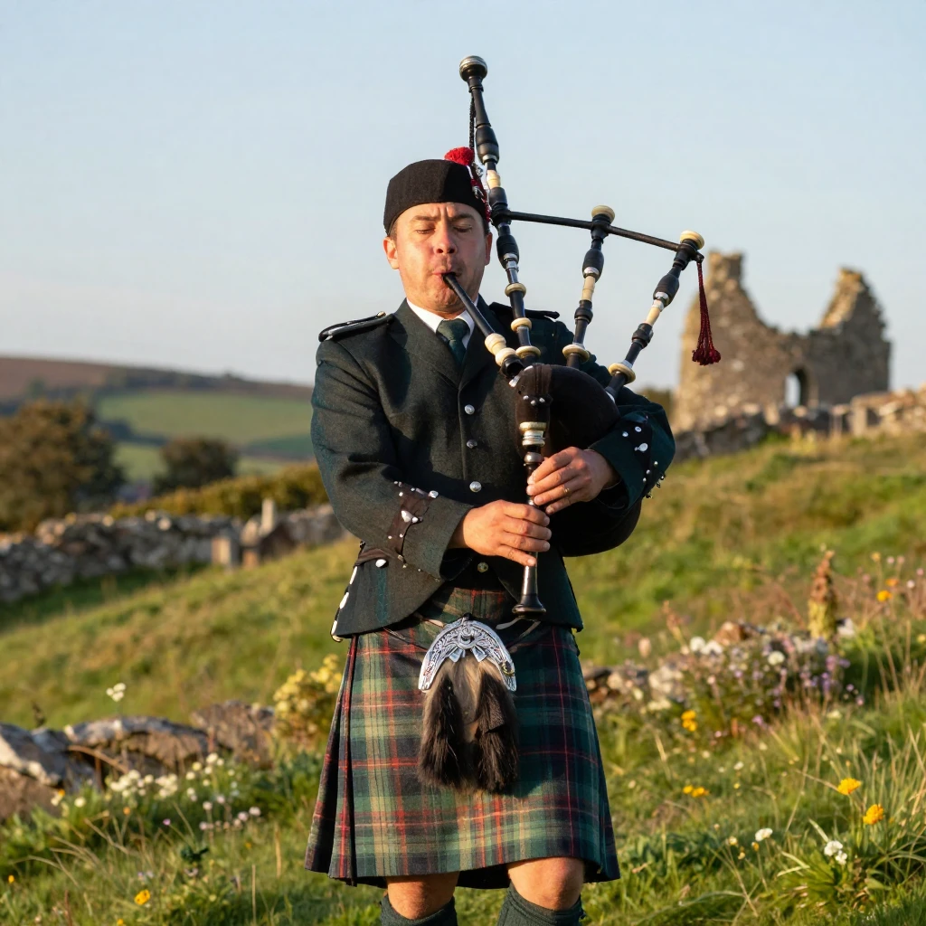A traditional Scottish bagpiper performing in full tartan
