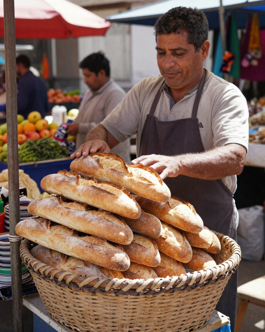 A vendor stacks fresh bread loaves into a woven basket at an open-air bazaar.