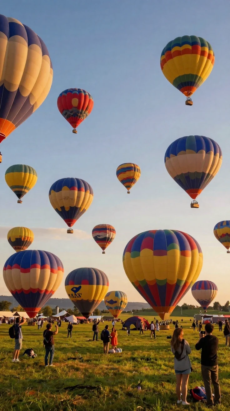 A hot air balloon festival filling the sky with dozens of colorful balloons