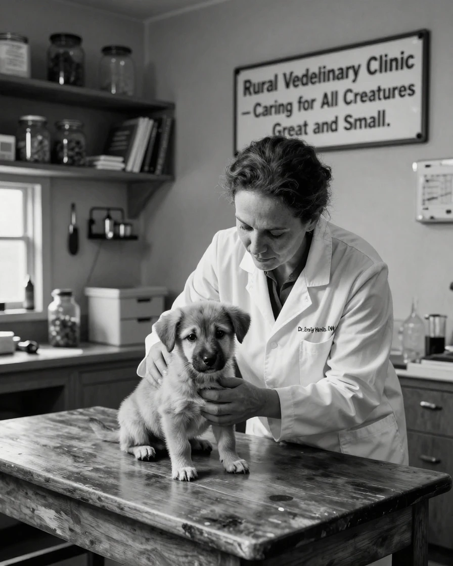 A veterinarian examines a nervous puppy on the table at a rural veterinary clinic.