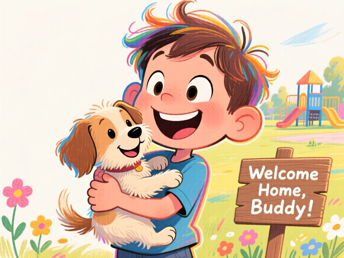 A young boy receiving his first pet, hugging the puppy tightly with pure joy.