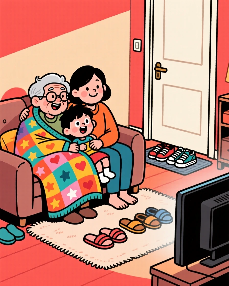 A heartwarming scene of three generations of one family piled onto one couch watching a movie under a shared blanket, with everyone's shoes kicked off by the door.