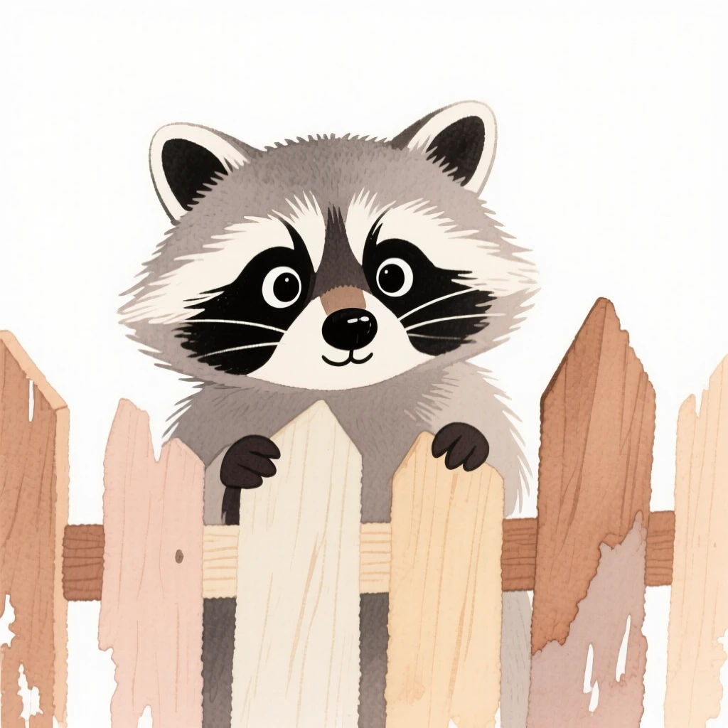 A raccoon peeking through a wooden fence
