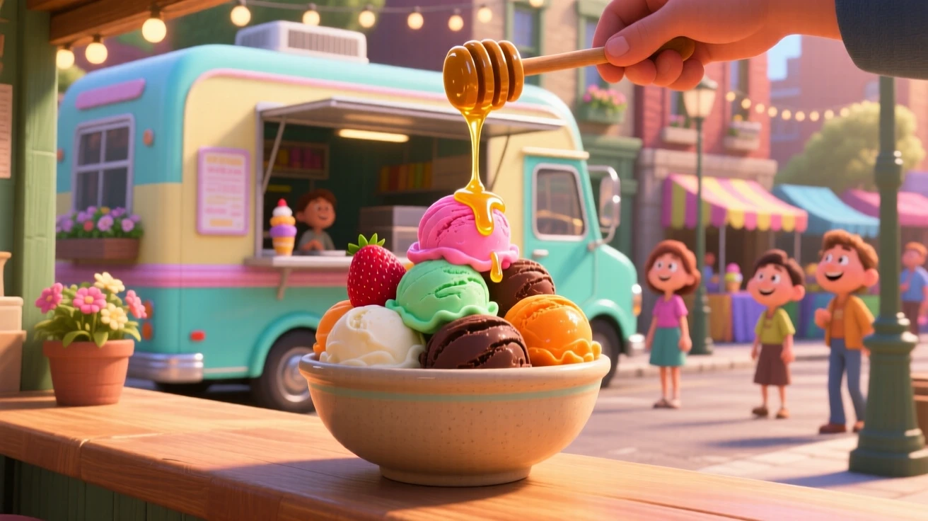 A bowl of colorful gelato scoops sits at a food truck window on a lively street, with honey drizzling slowly over the top. A comforting, homey feeling fills the moment.