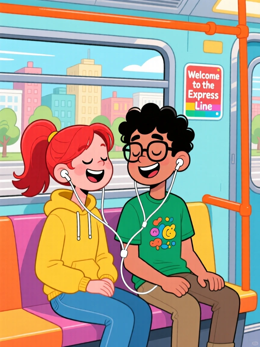 Friends sharing a single pair of earbuds on a train ride.