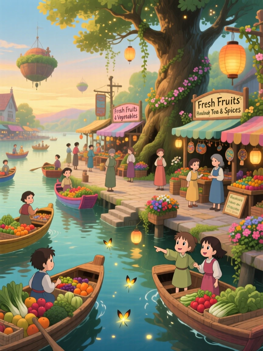 A scenic view of a floating market bustling with colorful wooden boats, as market stalls line the main square.