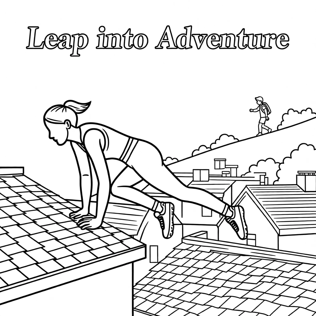 A parkour athlete vaulting between city rooftops, with a distant figure hiking along a ridge.