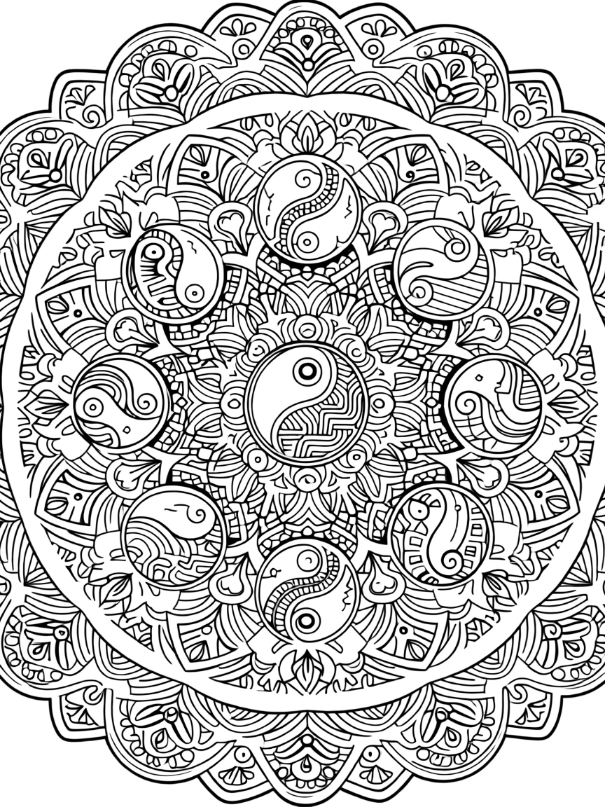 A mandala composed of nested yin-yang symbols in rotational symmetry.