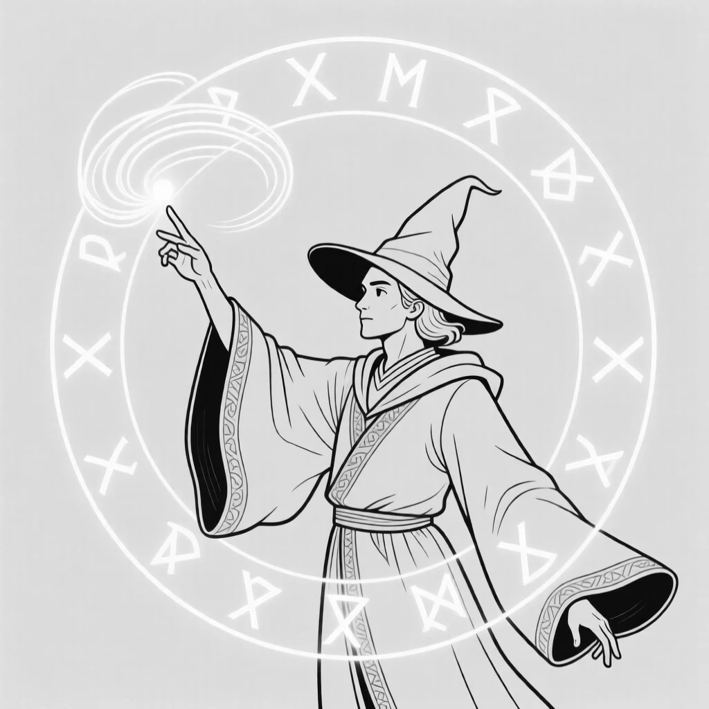 A wizard casting a spell with glowing runes swirling around