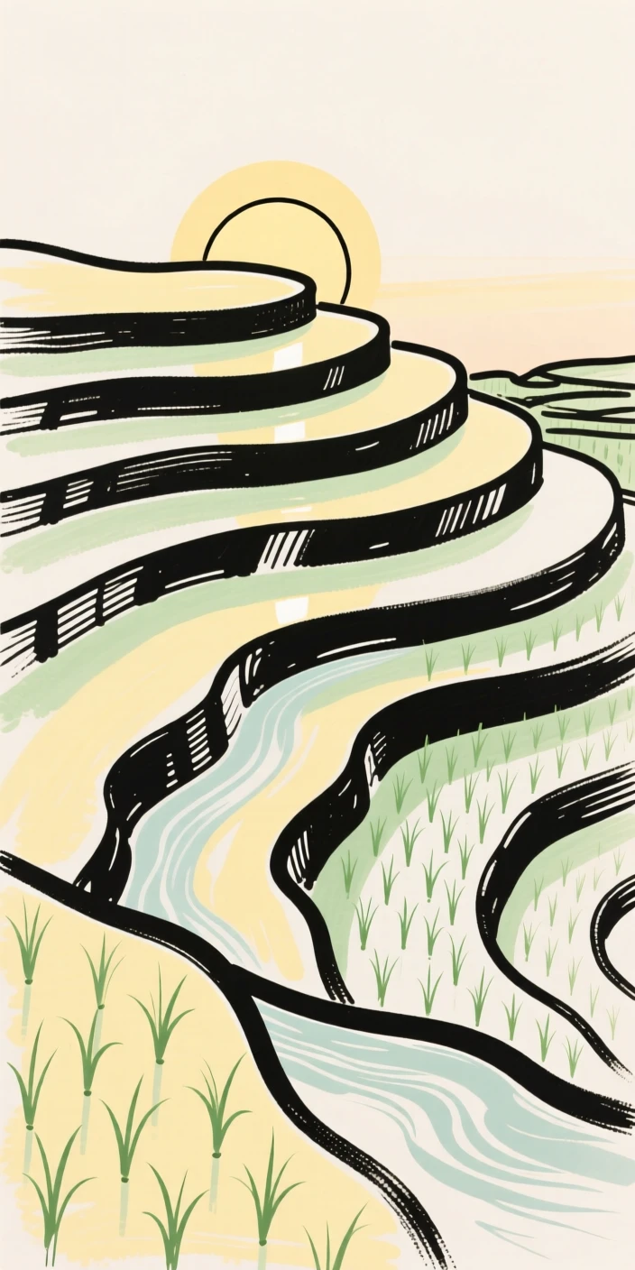 A terraced rice field at dawn