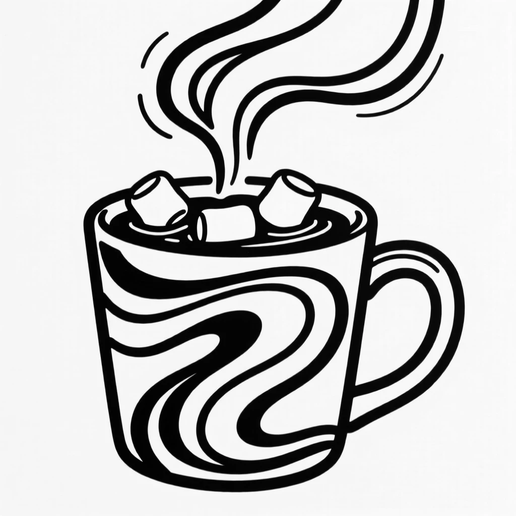 A steaming mug of hot chocolate topped with marshmallows.