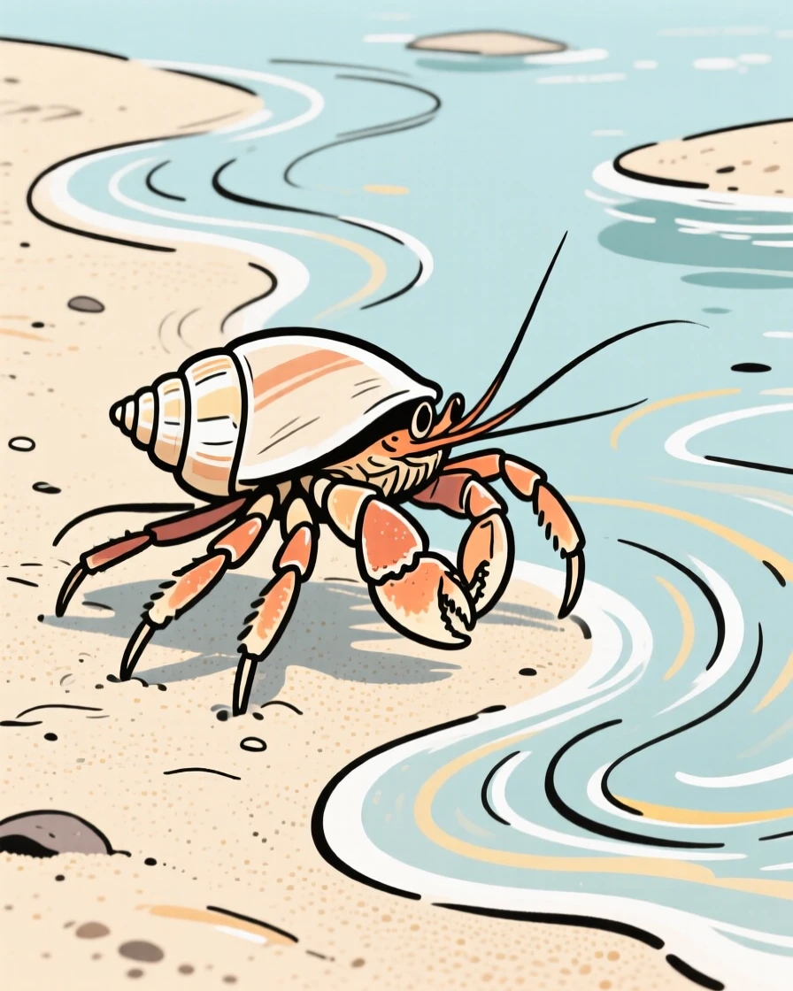 A hermit crab exploring the sandy floor of a tide pool.