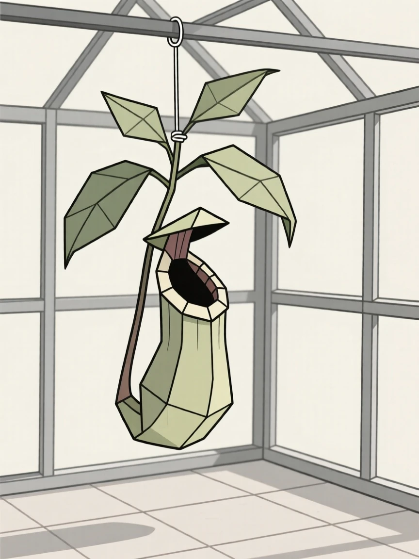 A carnivorous pitcher plant hanging in a greenhouse