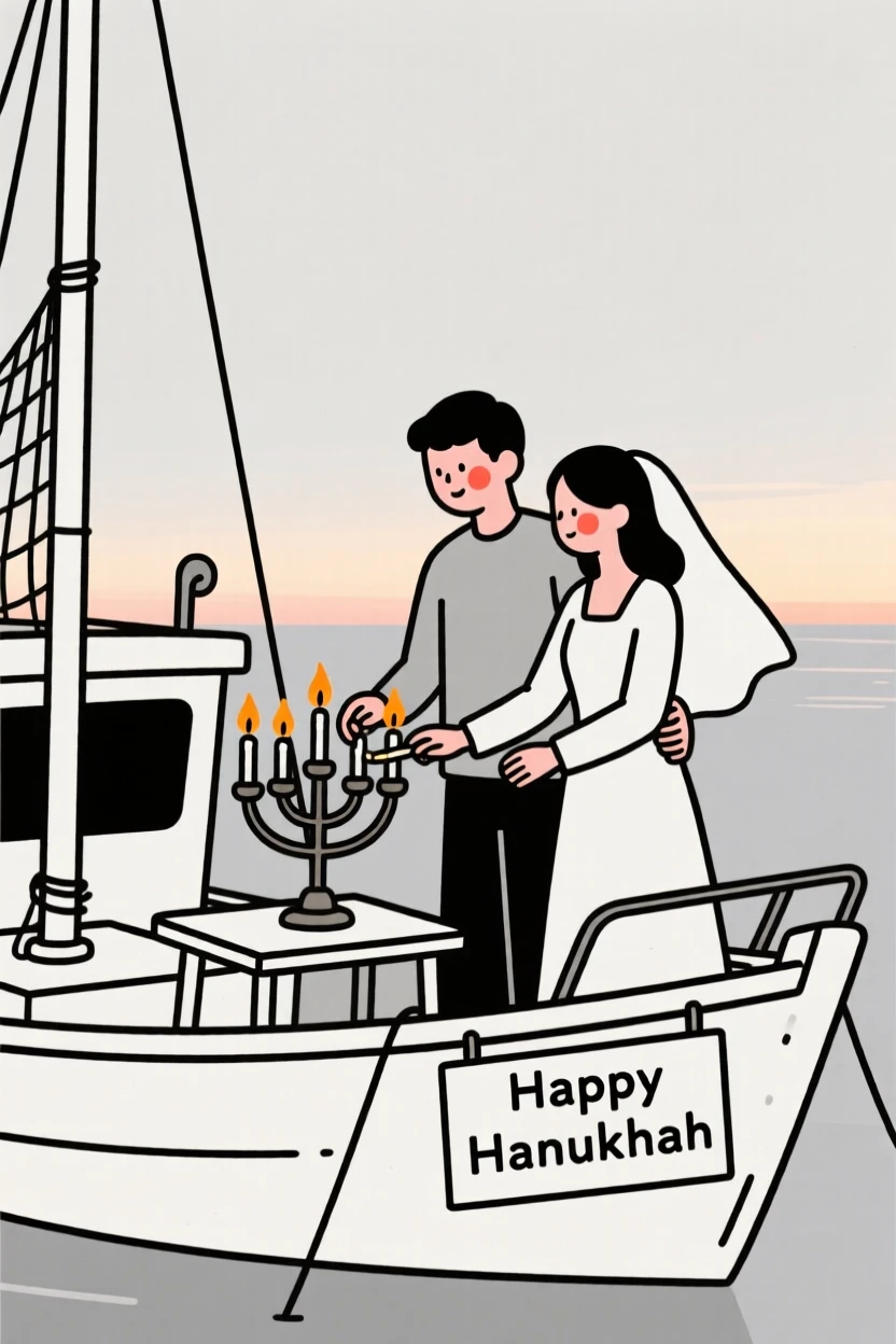 Newlyweds lighting a menorah for Hanukkah, on a fishing boat at dawn.