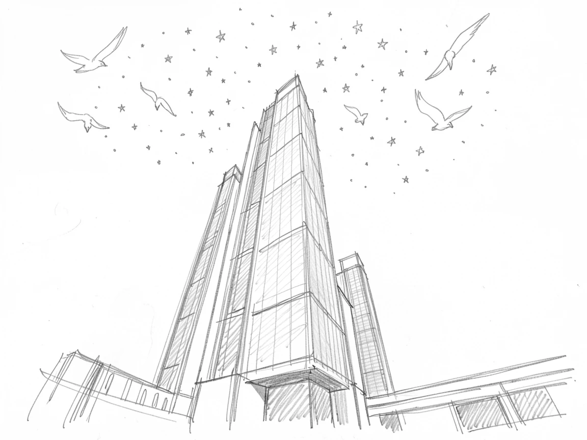 Sweeping architectural view of a towering modern skyscraper, under a canopy of stars, with birds circling overhead.