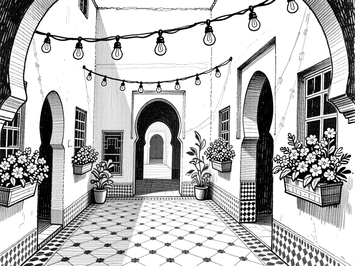 A moroccan courtyard with arched doorways beneath strings of hanging lights, featuring flower boxes lining every window, rendered in a quietly charming architectural composition.
