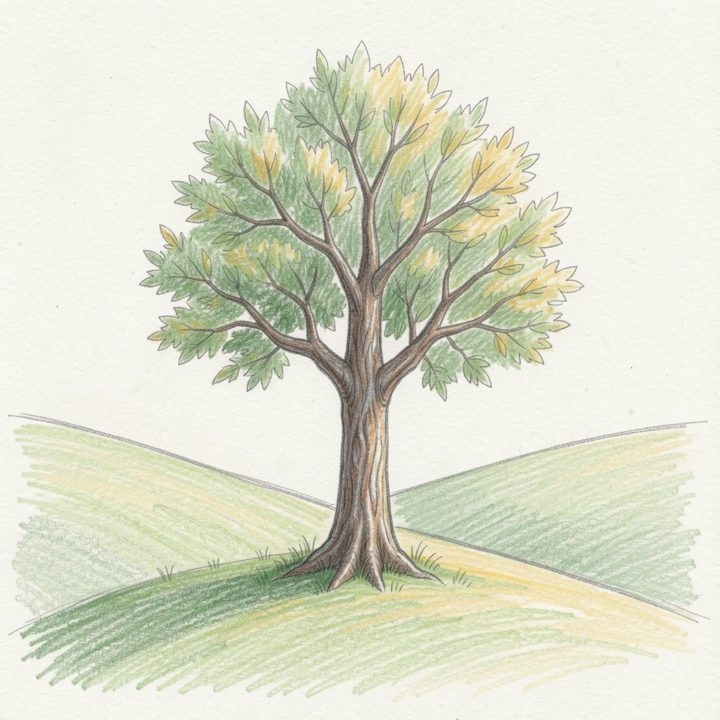 A single tree standing alone on a peaceful, rolling hillside, with a serene stillness in every detail, capturing a gentle sense of hope and renewal.
