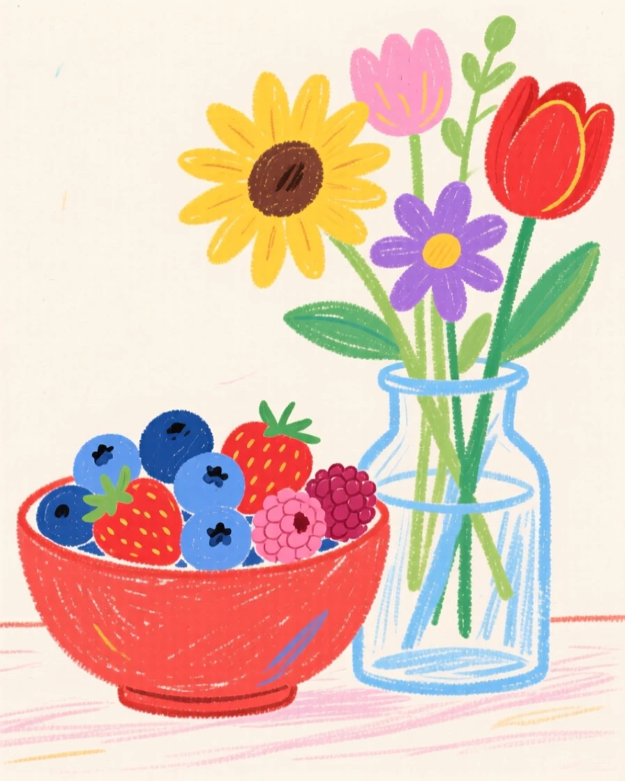 A bowl of fresh berries set beside a vase of fresh flowers.