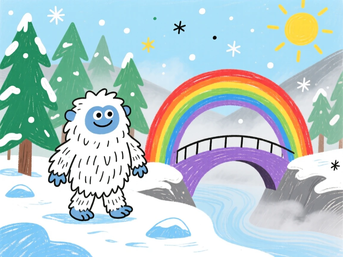 A curious yeti exploring a snowy forest beside a rainbow bridge over a misty valley.
