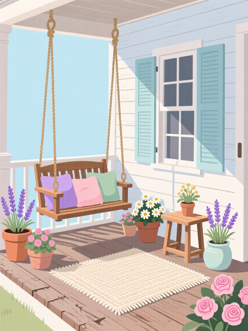 A charming farmhouse porch with a swing and potted flowers, arranged in a cozy corner filled with soft textures, composed with soft natural light falling diagonally across the scene, with gentle pastel tones evoking calm and comfort.