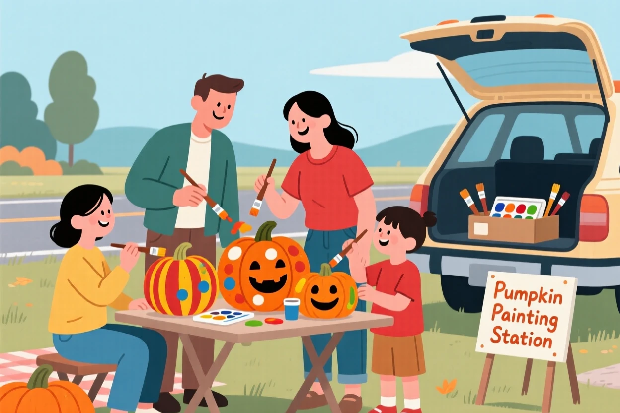 A family painting pumpkins together during a road trip.
