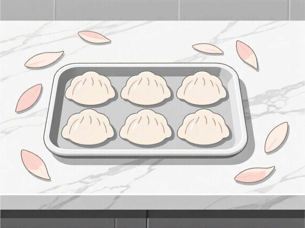 A freshly prepared tray of dumplings served on scattered flower petals, set in a marble countertop, inviting fresh vibrance.