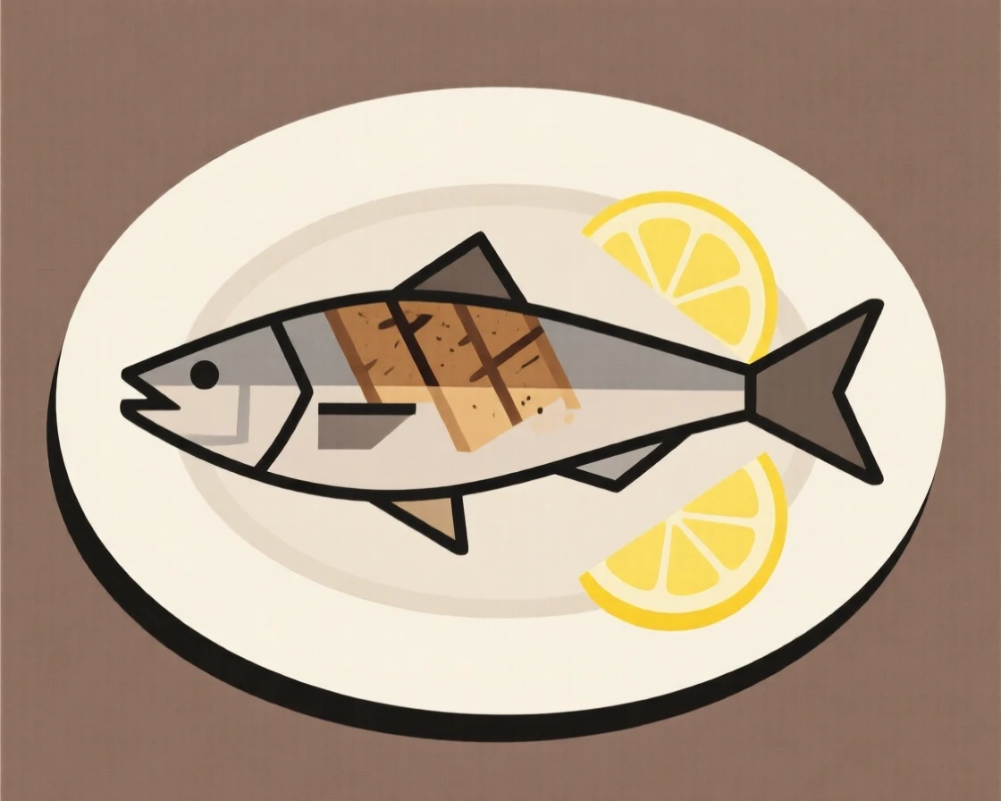 A plate of grilled fish with lemon
