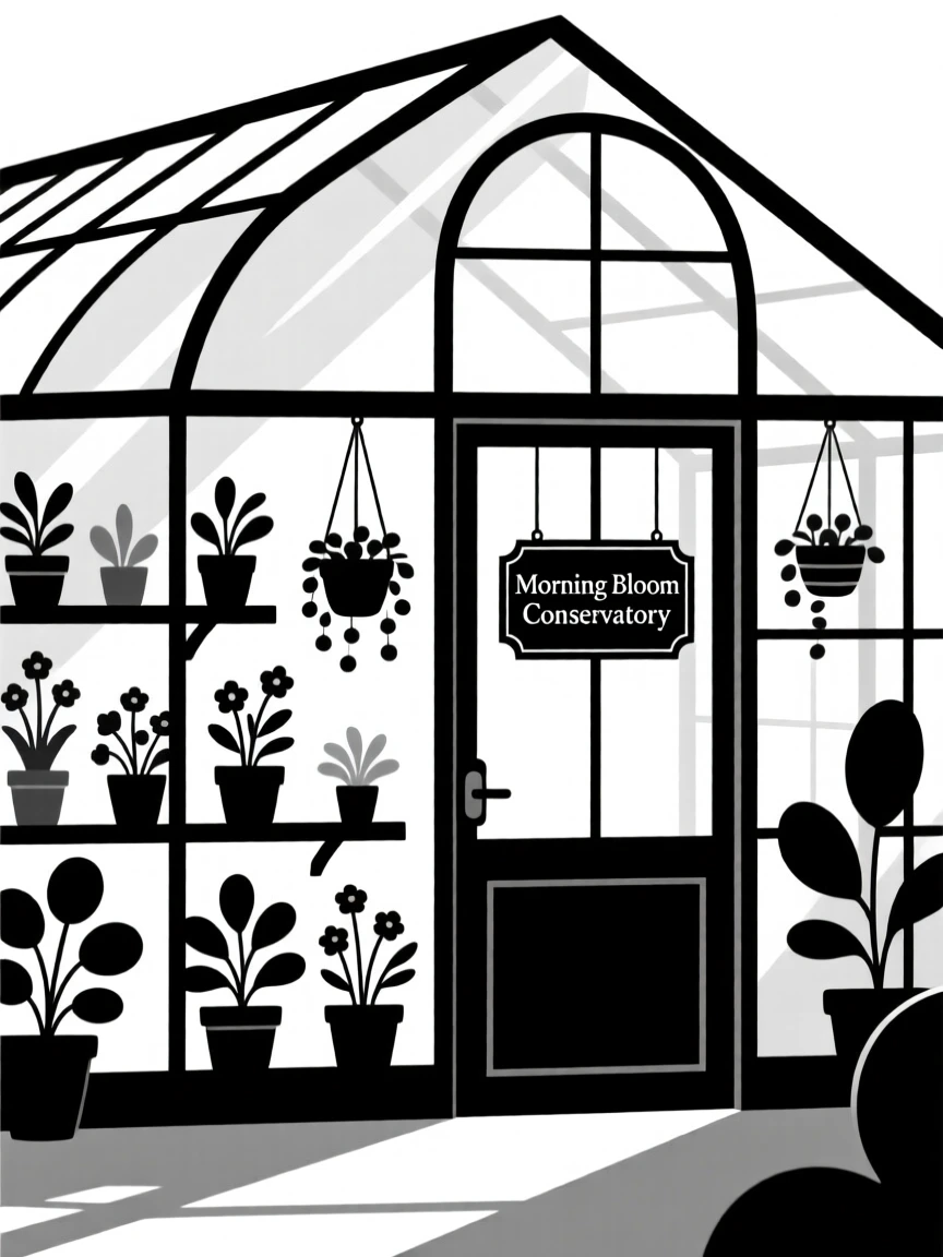 A peaceful greenhouse filled with morning light.