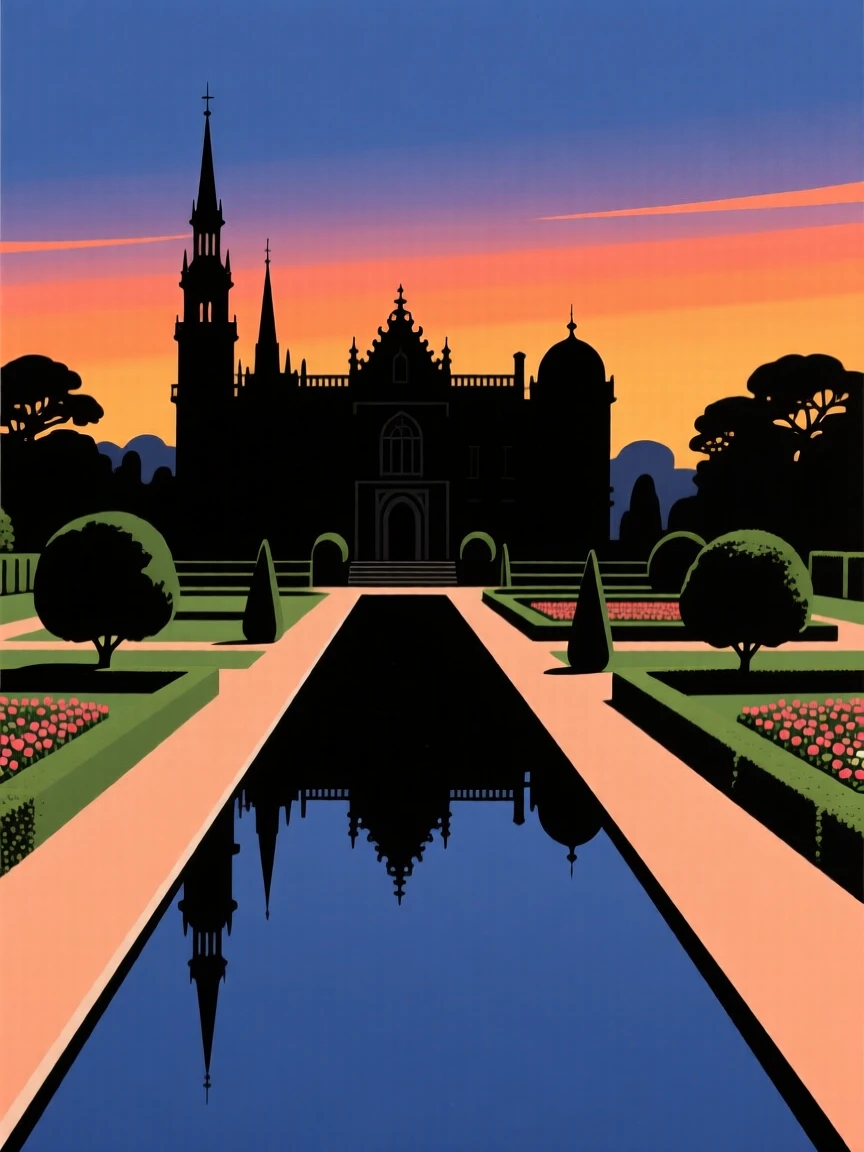 An ornate palace with sprawling gardens and a long reflecting pool.