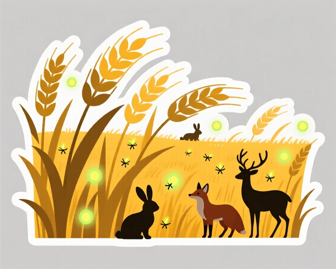 A peaceful field of golden wheat swaying in the wind, with fireflies glowing softly in the dusk, where wildlife roams freely.