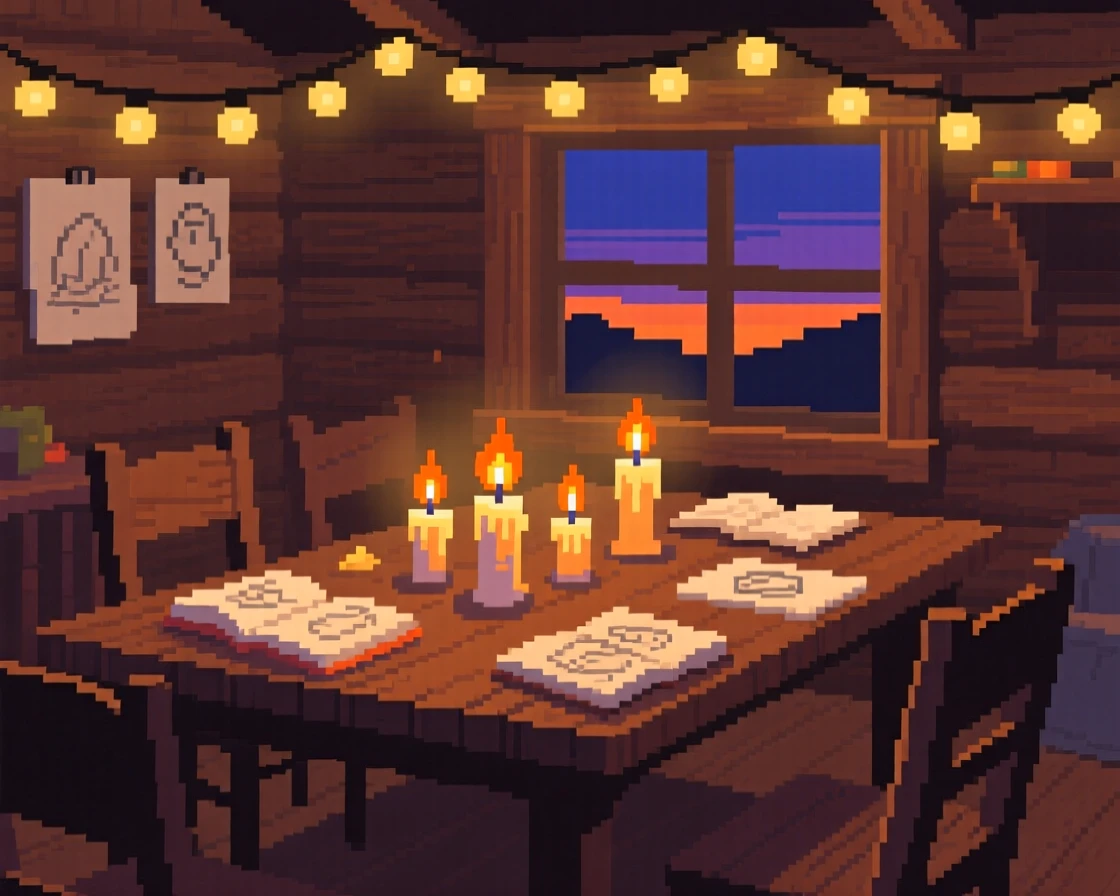 A candlelit dinner table surrounded by candles and open sketchbooks, within a cabin lit by string lights at dusk.