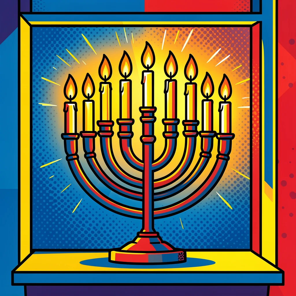 A Hanukkah menorah lit softly in a window