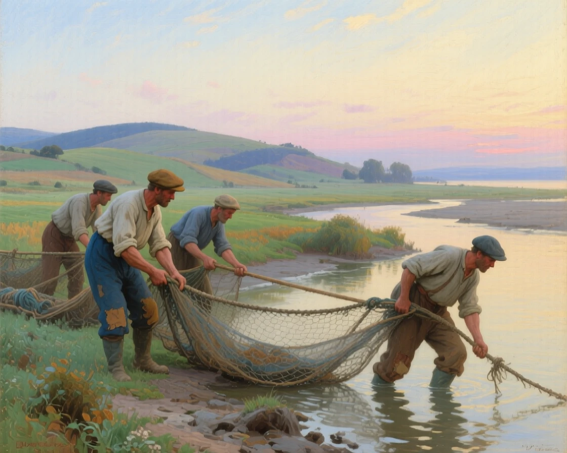 A broad landscape view of a group of fishermen hauling in a heavy net at dawn, in early morning light, in the French countryside.