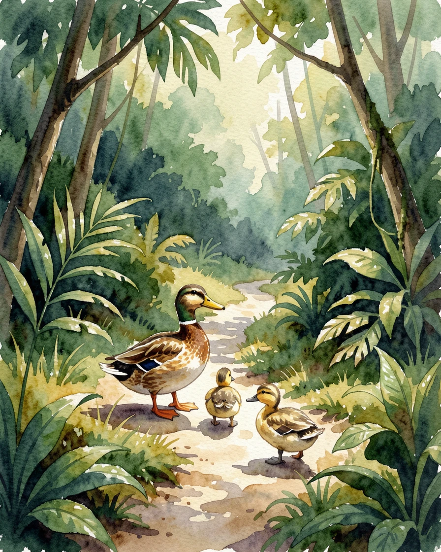 A family of ducks crossing a path in a lush jungle clearing.