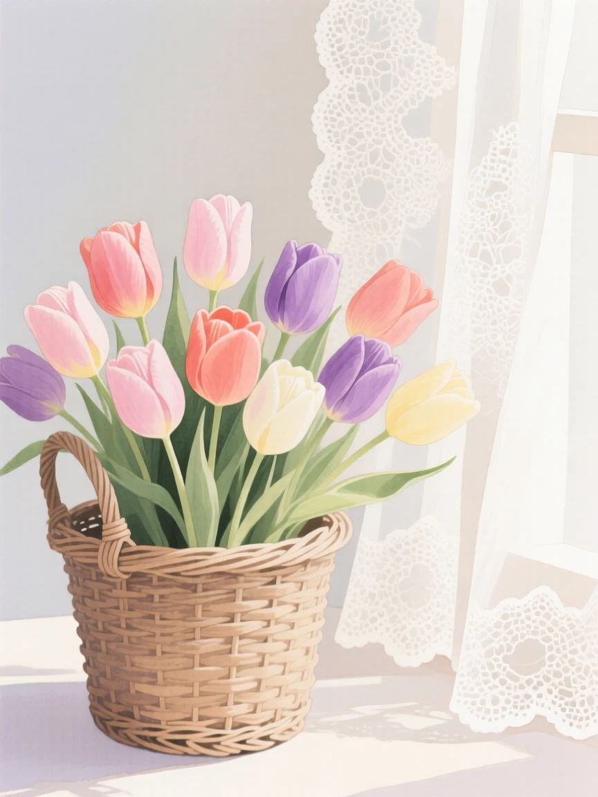 A bouquet of tulips in soft, layered tones fills a woven wicker basket beside a lace curtain, petals catching the gentle light