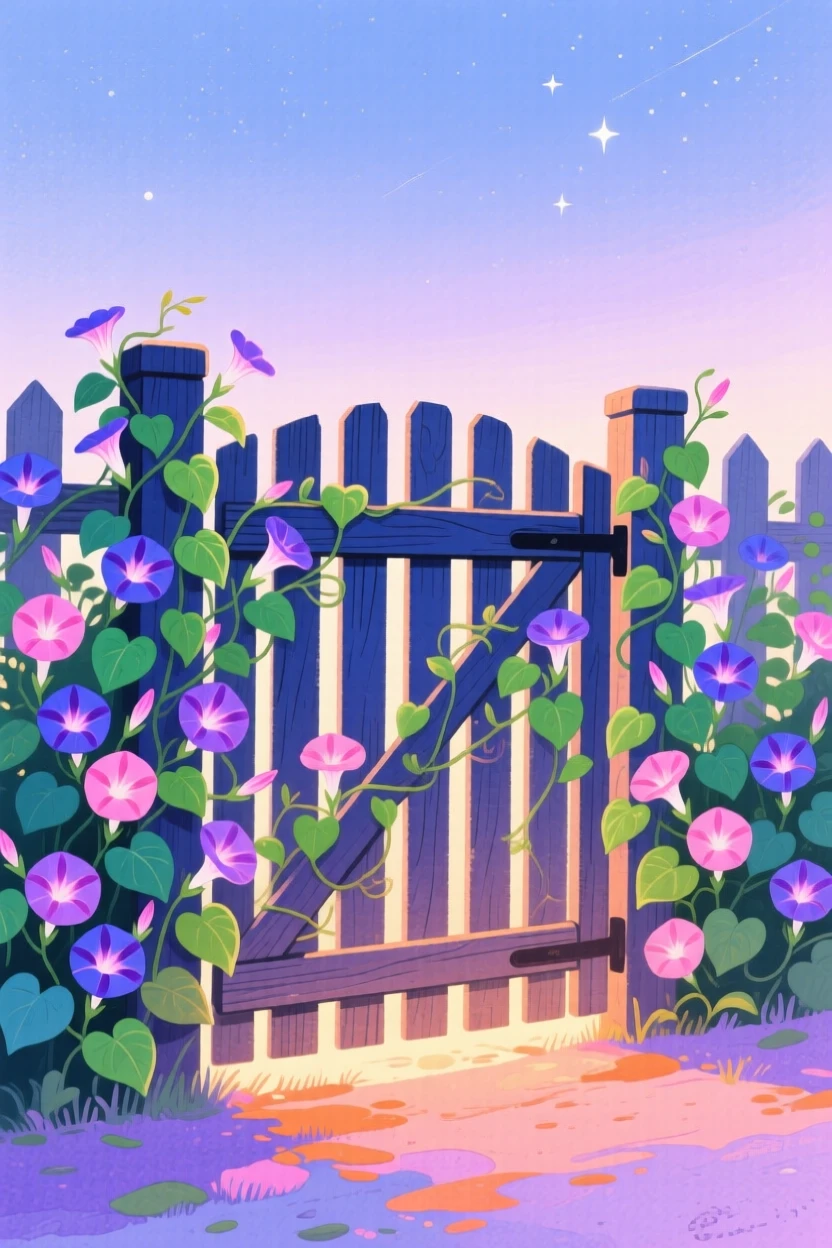A garden gate covered in morning glories, glowing softly as evening falls.
