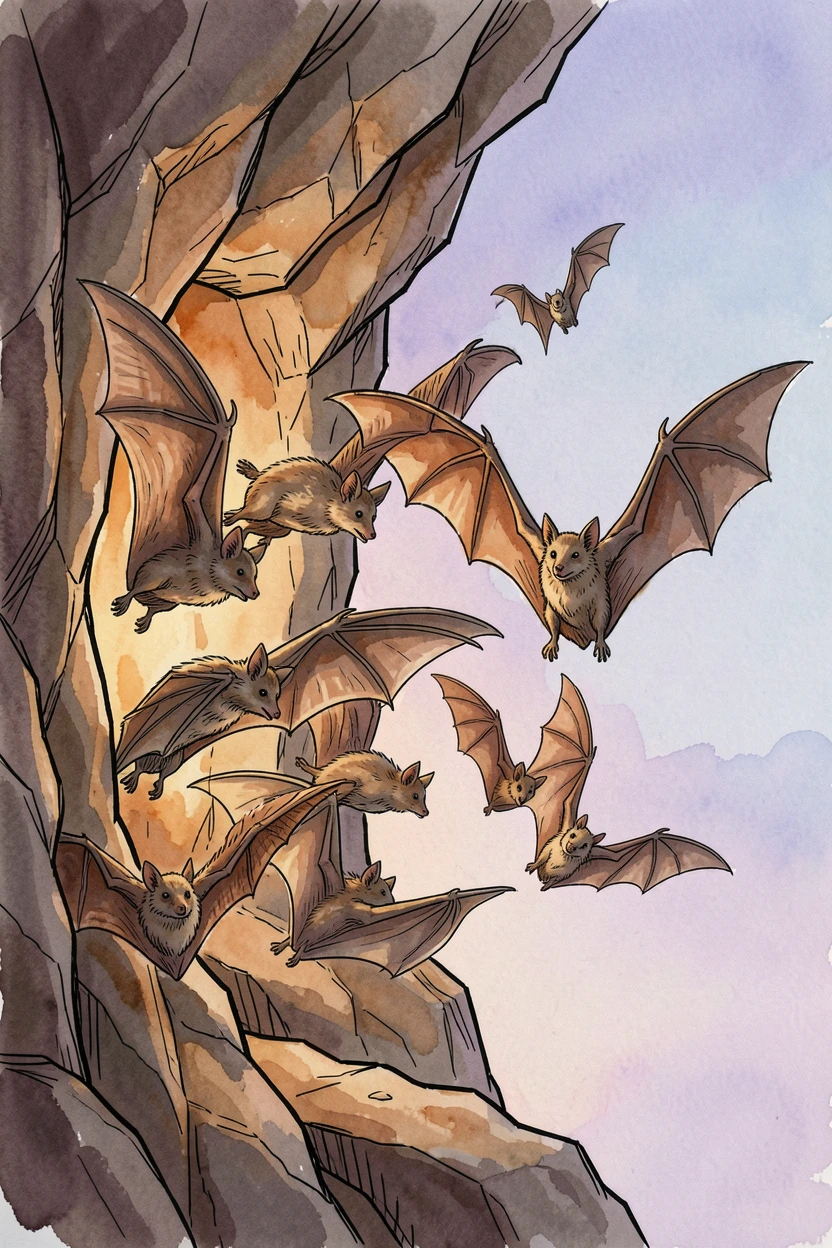A colony of bats swirling out from a cave entrance at dusk, warm light catching the texture of fur and feather alike.