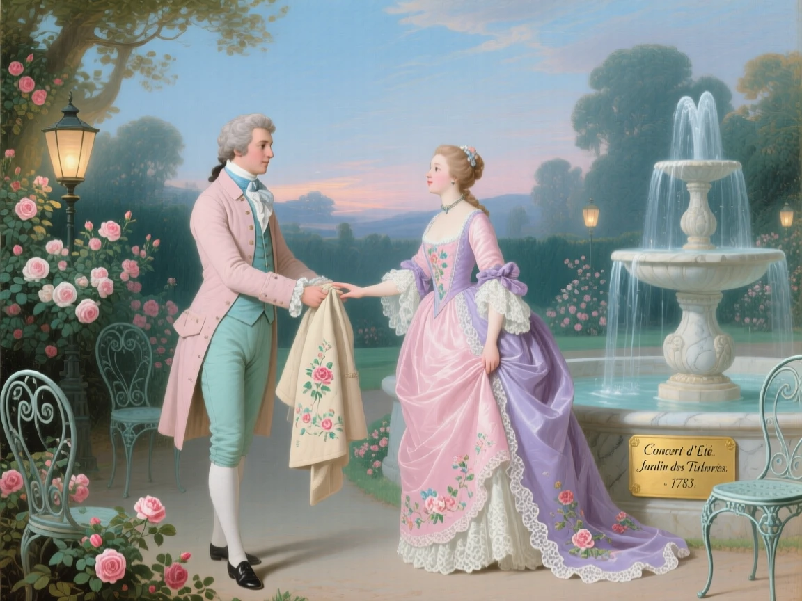 A young man offering a lady his coat during a cool evening concert  
