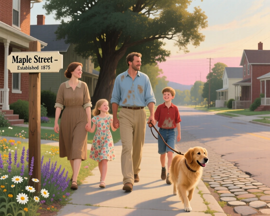 A family walking their dog together along a quiet neighborhood street, as the golden light of late afternoon fills the space, designed to remind viewers of their own cherished family memories