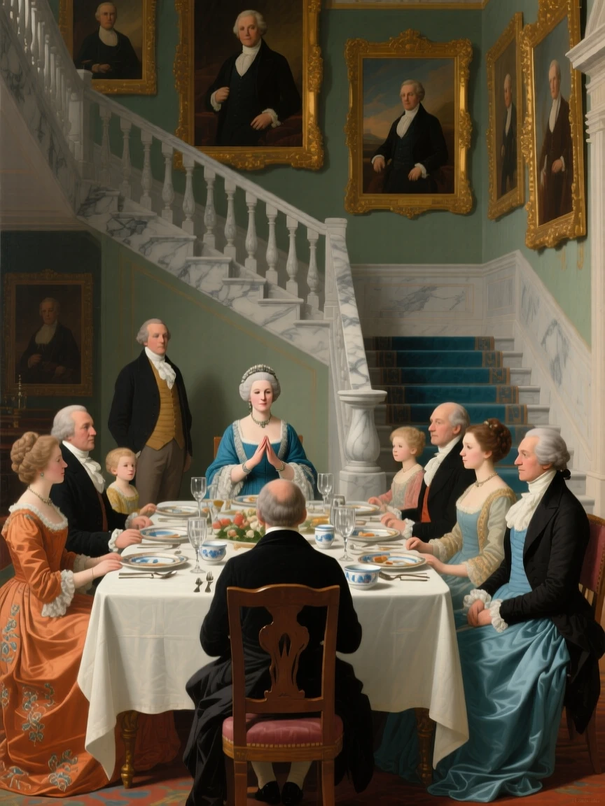 A dowager duchess presiding over an elegant dinner table amid the elegant bustle of a formal evening, set on the sweeping staircase of a grand estate, with portraits of ancestors watching from gilded frames; converging sightlines from the guests draw attention to the central gesture, capturing the warmth of family bound by legacy.