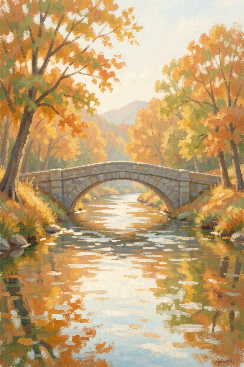 A gentle river winding through a golden autumn valley, a stone bridge arching over the slow-moving water.