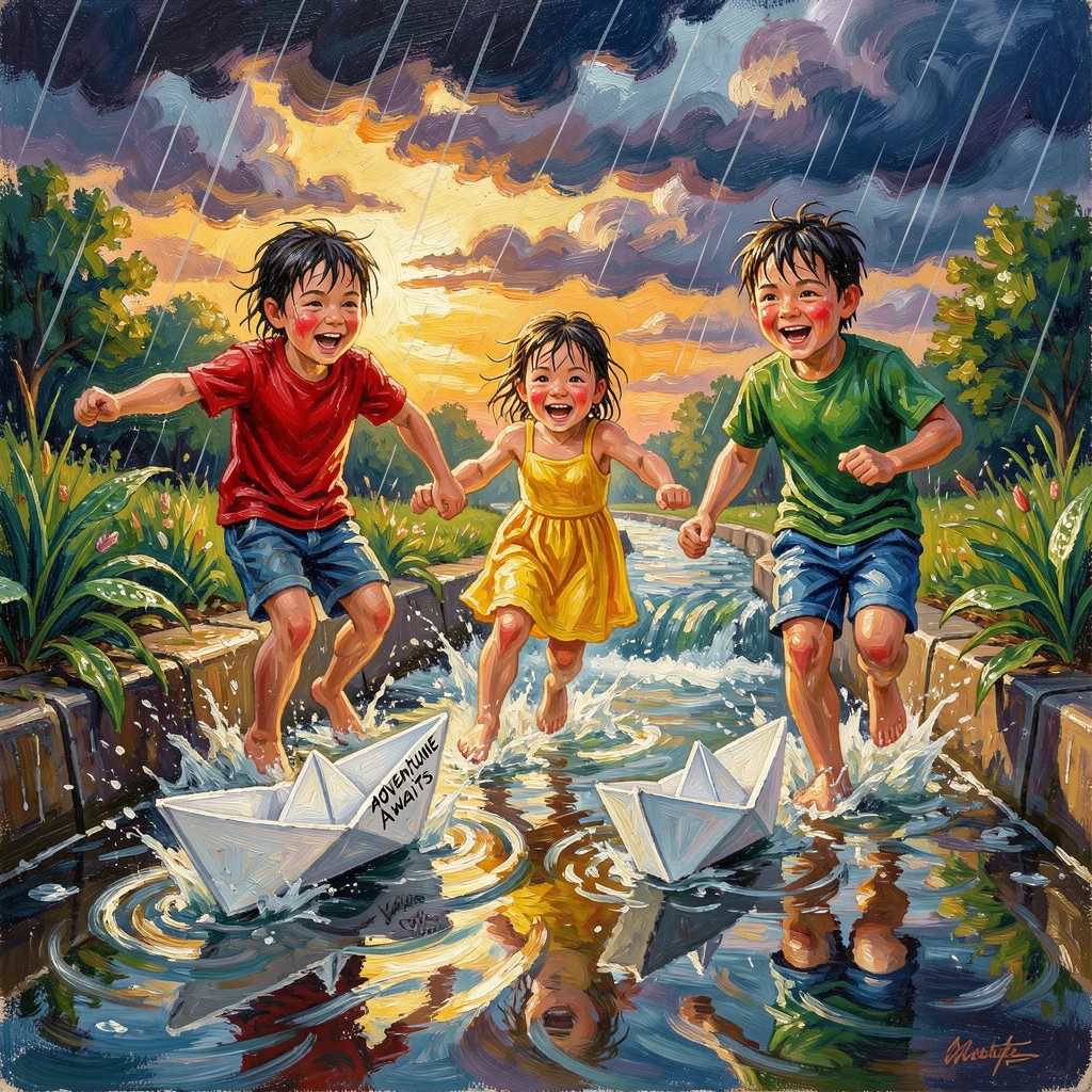 Children flying paper boats down a rain-swollen gutter after a summer storm.