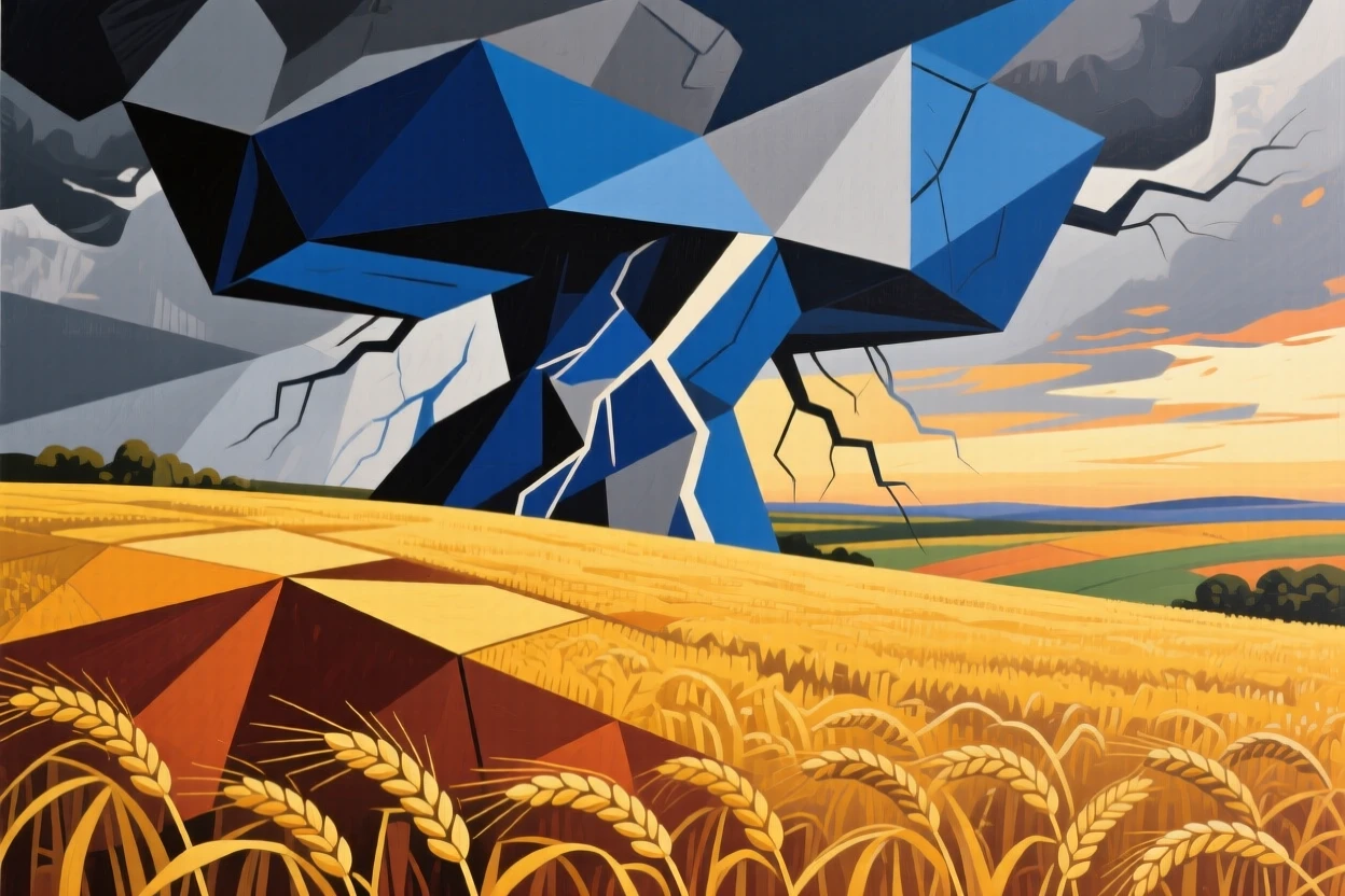 A dramatic thunderhead building over a golden wheat field at late afternoon.