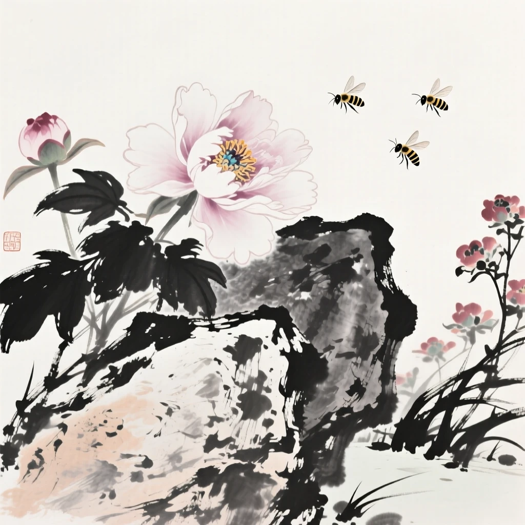 A single peony bloom rests beside a weathered garden rock, as bees drift lazily between the blossoms.