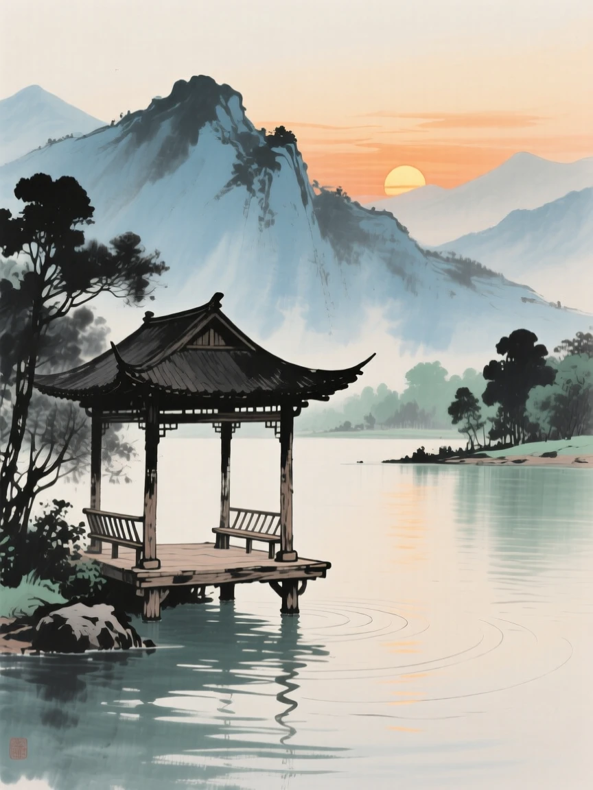 A wooden pavilion overlooking a tranquil lake, as the sun sets behind distant peaks, carrying a mood of wistful nostalgia.