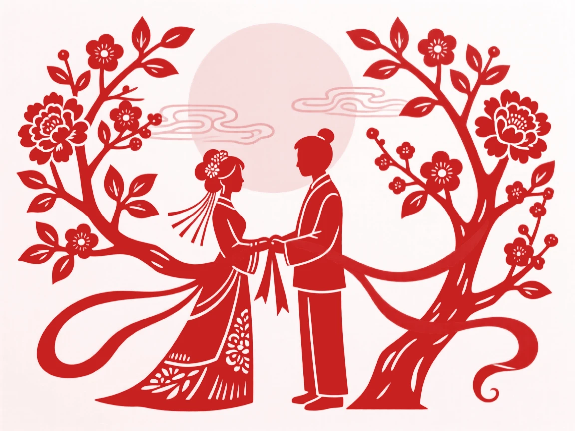 A bride and groom tying a red ribbon around a wishing tree branch, the full moon rising softly behind them.