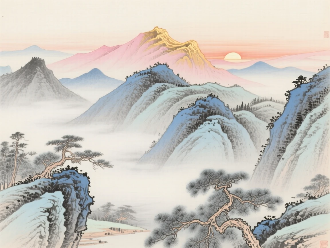 A misty mountain range at dawn, with the first light of sunrise touching the highest peak