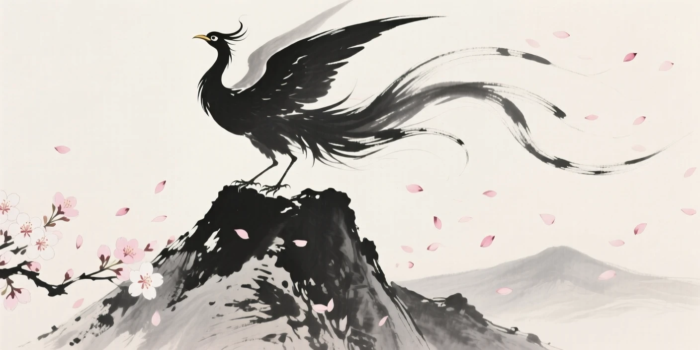 A phoenix rising above a mountain peak amid drifting cherry blossom petals, balanced with soft negative space around the central figure, carrying a sense of magic woven into the natural world.