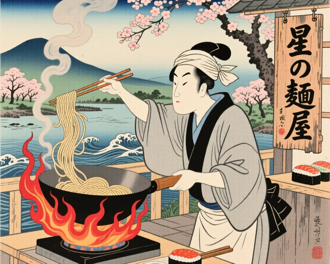 A barista flipping noodles in a wok over roaring flames.