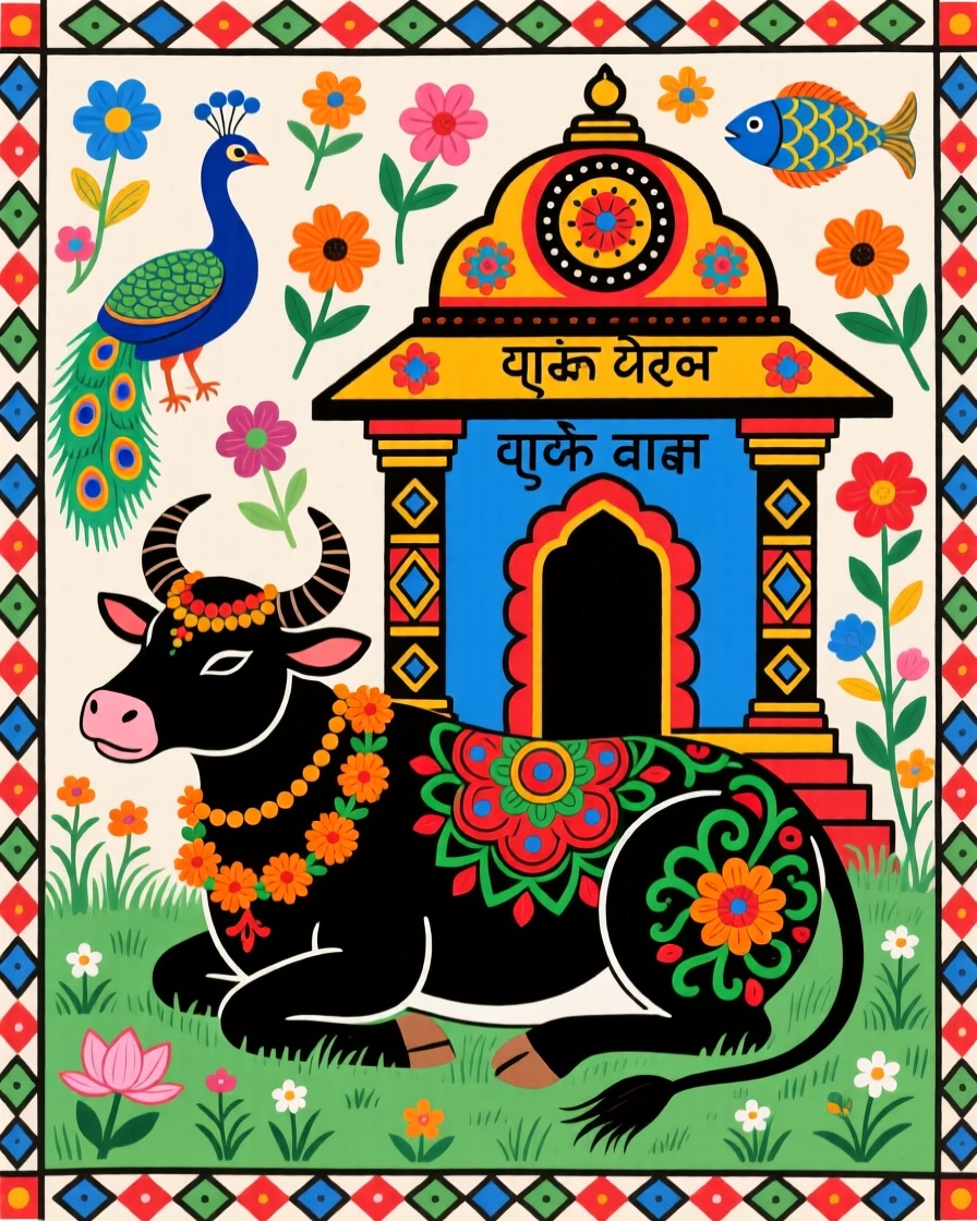 A sacred cow adorned with garlands resting beside a village temple.